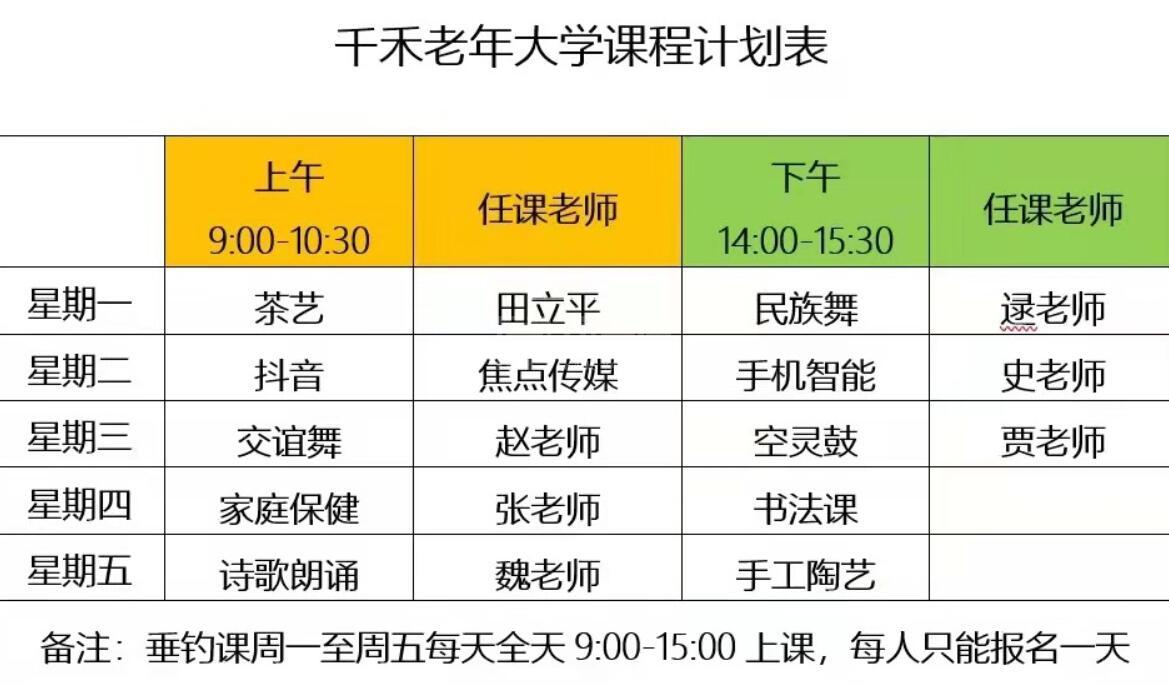 北京千禾养老乐龄公寓（老年大学）服务项目图2千禾大学课程表